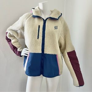 Peloton Womens Jacket Color-Block Hooded Embroidered Zip Up Sherpa size Large